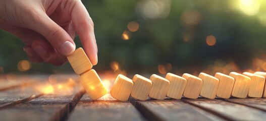 Hand stopping a row of wooden blocks from falling, symbolizing intervention or prevention in a calm outdoor setting with warm sunlight