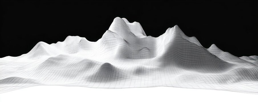 three-dimensional digital wireframe mesh displaying mountainous terrain with smooth peaks and valleys on a black background