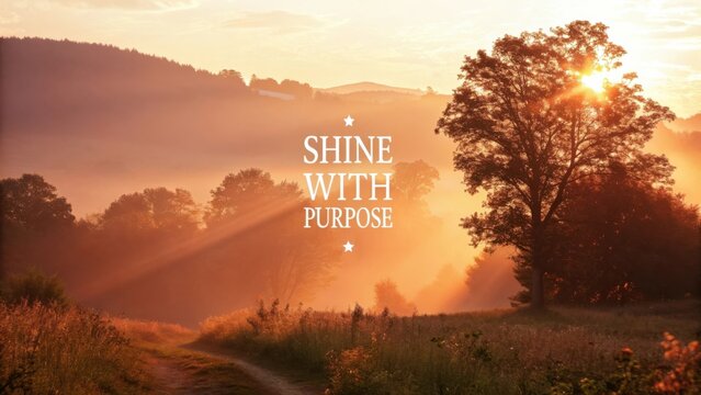 Serene Landscape at Sunrise with Sunbeams Through Trees and Inspirational Quote of Shine With Purpose