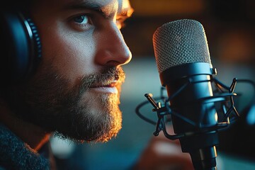 Close-up of a man with a beard and headphones speaking or singing into a professional studio microphone with focused expression and warm lighting