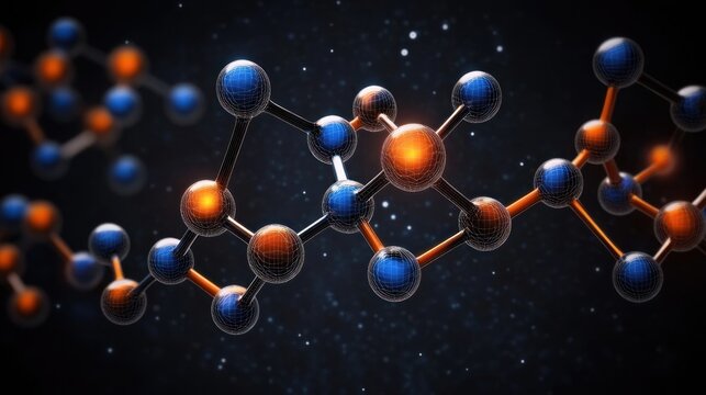 3D molecular structure model showing interconnected spherical atoms with bonds glowing in blue and orange against a dark background with a sense of scientific discovery - Powered by Adobe
