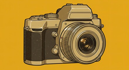 A vintage SLR camera with a large lens is depicted against a solid yellow background.