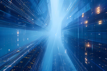 Obraz premium ガラス張りの高層ビルと光のラインが象徴する企業統合とM&Aコンセプト