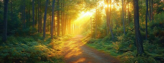 Naklejka premium Sunlight shining through tall trees onto a forest path surrounded by green foliage during a peaceful early morning