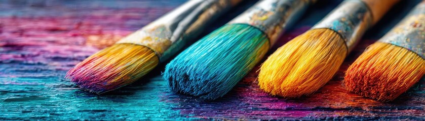 Fototapeta premium Set of accessories for painting with brushes and paints concept. Vibrant paintbrushes on a colorful artistic background.