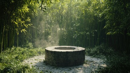 Stone well in lush greenery