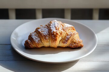 Golden flaky croissant dusted with powdered sugar on white plate with soft natural lighting creating warm and inviting atmosphere