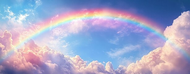 Naklejka premium Bright rainbow arching across a vibrant blue sky filled with soft, fluffy clouds illuminated by warm sunlight, creating a serene and uplifting atmosphere