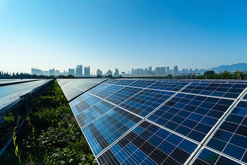 都市を背景に整然と並ぶ太陽光パネルと青空の風景