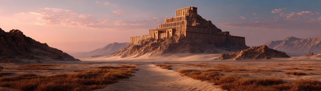 Ancient city of Babylon with Babel tower concept. Ancient structure amidst a vast desert landscape at sunset.