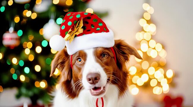 Adorable border collie wearing a festive santa hat with christmas lights in the background, tilting its head
