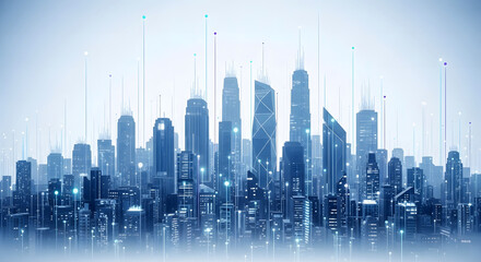 Futuristic cityscape with interconnected data streams, representing smart city technology and digital transformation.