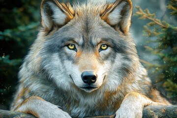 Obraz premium Close-up of a majestic wolf with golden eyes resting its paws on a log surrounded by evergreen trees in a forest environment