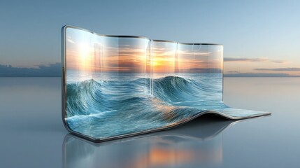 Immersive flexible screen displays dynamic ocean waves and sunset, showcasing seamless digital integration and stunning visual experiences for advanced technology concepts.