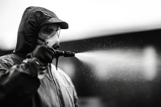 Man in protective suit and gas mask spraying disinfectant mist in black and white photo capturing serious decontamination process