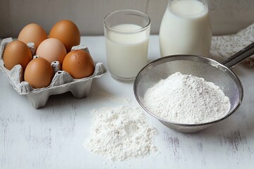 Fresh brown eggs in a carton, a glass and bottle of milk, and sifted white flour on a rustic wooden surface creating a calm baking preparation scene