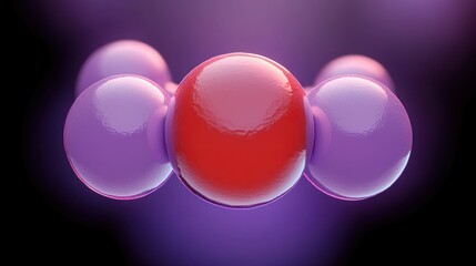3D visualization of a molecular structure with one central red atom connected to two pairs of purple atoms on a dark purple gradient background