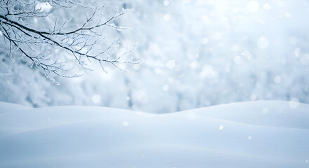 Fototapeta premium A tranquil winter scene showcases a pristine snow-covered landscape with delicate frost adorning bare tree branches, creating a peaceful and magical backdrop.