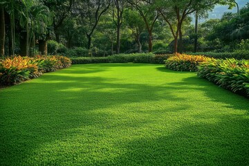 Bright green manicured lawn surrounded by vibrant flower beds and tall trees casting soft shadows on a sunny peaceful day