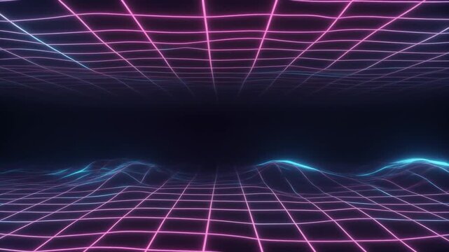 Digital neon grid morphing with flowing wave distortions and subtle glowing highlights seamless loop for futuristic cinematic abstract backgrounds