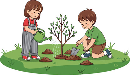 Children planting and watering a young tree, kids gardening illustration, environmental education and nature care concept, eco-friendly outdoor activity design