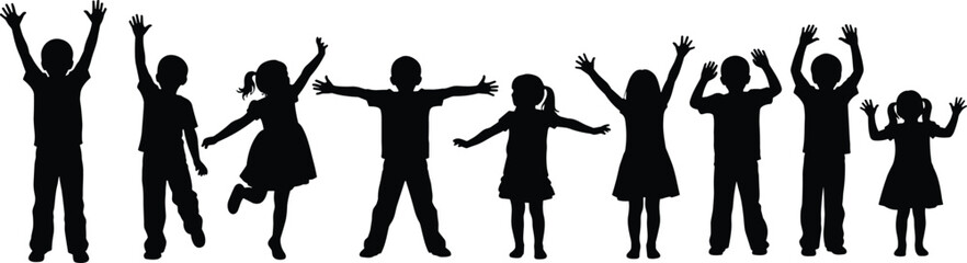 WebChildren silhouettes, joyful kids, playful group, happy childhood, raised arms, energetic pose, celebration moment, fun activity, black outline, white background, unity, motion