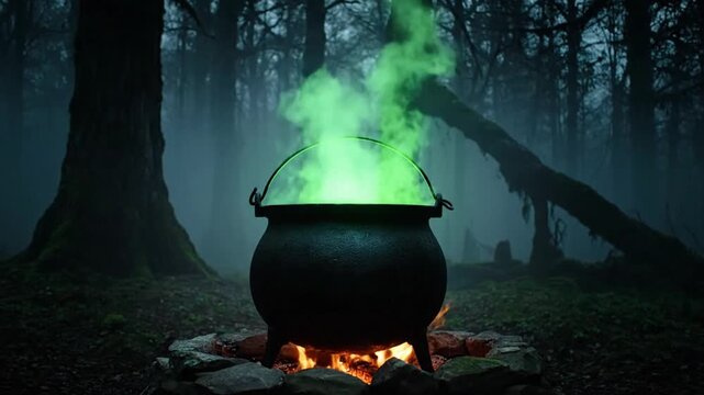 Eerie Green Potion Bubbles in Cauldron Over Campfire in Misty, Dark Forest