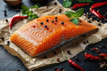 Fresh raw salmon fillet on parchment paper garnished with black pepper, chili peppers, and fresh mint leaves on dark surface