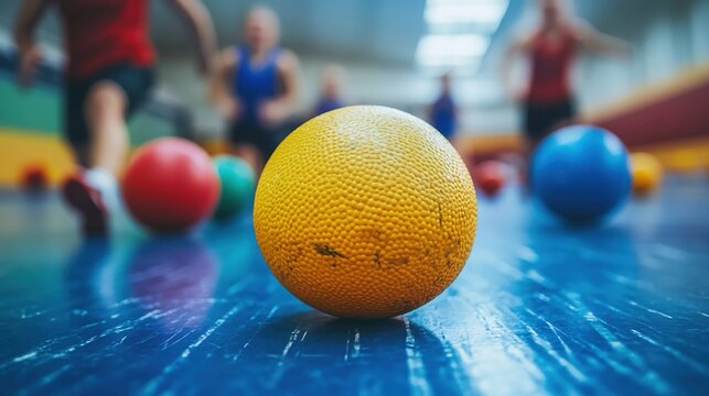 Vibrant dodgeball on the gym floor, with players in action blurred in the background. Team-based, active gameplay focused on fun, teamwork, competition, and physical activity.
