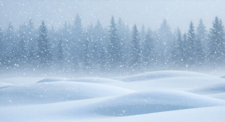 Fototapeta premium Delicate snowflakes gently fall over a pristine, snow-covered landscape featuring soft, rolling hills and a dense, mystical evergreen forest in the distance.