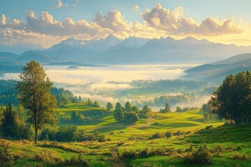 Lush green rolling hills with scattered trees overlooking a misty valley and distant mountain range under a partly cloudy vibrant sunrise sky