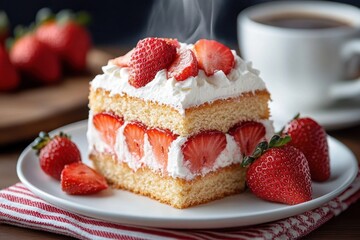 Moist layered sponge cake with fresh strawberries and whipped cream on a white plate with whole and sliced strawberries, accompanied by a steaming cup of coffee