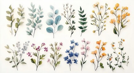 Collection of delicate watercolor botanical illustrations featuring various leaves and small flowers in green, blue, pink, purple, orange, and yellow tones on white background