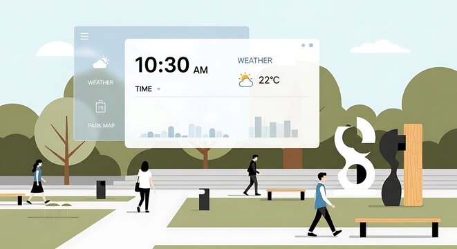 Smart City Park Scene with Digital Technology Interface Overlay.