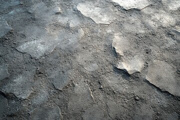 close-up view of cracked and weathered dark gray concrete surface with rough texture and irregular patches