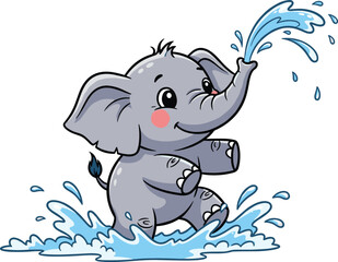 Cute baby elephant playing with water and splashing joyfully, adorable cartoon animal illustration, fun wildlife vector art for kids