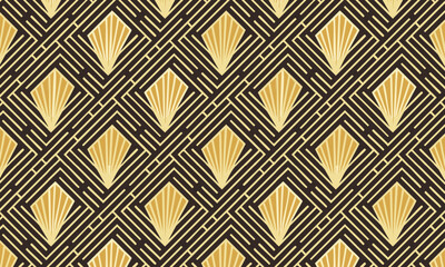 Luxury seamless Art Deco pattern with gold fans on black background