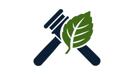 Professional legal gavel and green leaf icon symbolizing justice and nature balance for environmental law or sustainable business
