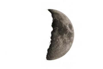 Crescent moon with craters and texture on transparent background, symbolizing astronomy and space science