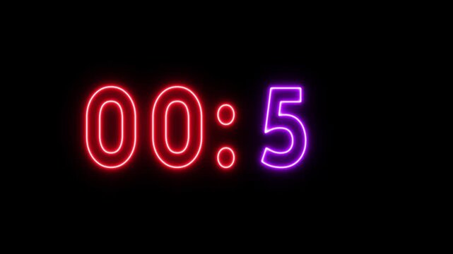 Neon counting timer animation. Neon 56 seconds timer animation. Glowing neon counter number.