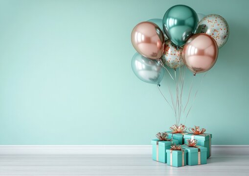 Cluster of teal, rose gold, and confetti balloons rising above neatly wrapped teal gift boxes with golden ribbons against a soft turquoise wall