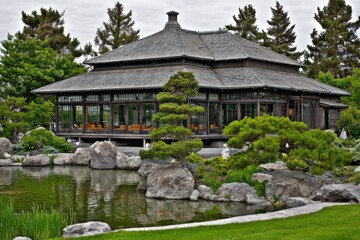 Japanese-style gazebo with a pond and rocks