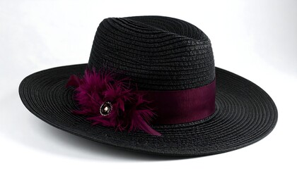 Black straw fedora with burgundy ribbon and feather accents