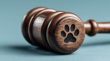 Symbolizing justice for animals, a carved wooden gavel with a paw print emblem rests on a serene blue background, evoking legal concepts and animal welfare rights.
