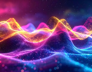 Abstract digital waves with vibrant colors and particle effects