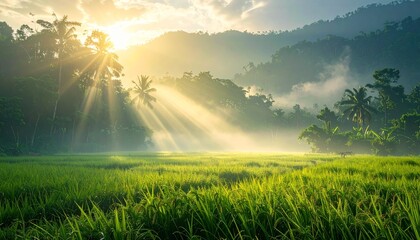Sunbeams pierce through misty jungle landscape over a vibrant green field at sunrise, creating a serene and ethereal scene.