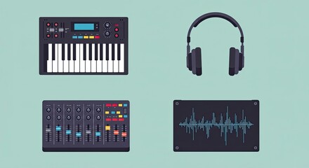 A set of four music production icons: synthesizer, headphones, mixing console, and audio waveform.