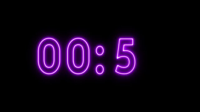 Neon counting timer animation. Neon 52 seconds timer animation. Glowing neon counter number.