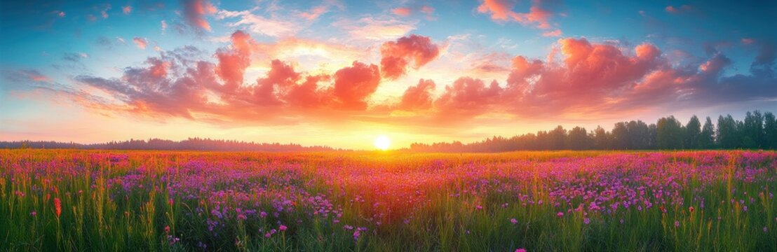 Vibrant sunset over a wide field of blooming purple flowers with green grass and a forest horizon beneath a colorful sky with dramatic clouds
