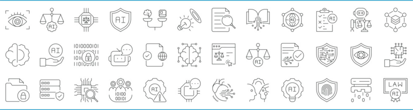 AI Ethics-related 36-line icons set. Vector editable stroke.